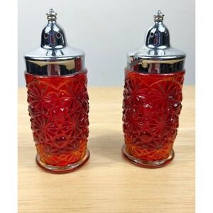 Vintage‎ Ruby Red Pressed Glass Salt & Pepper Shakers Daisy & Button Sunburst
